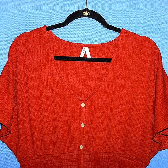 Mudd Ribbed Knit Button-Front Top - Women's Size XL - Rust Orange - Boho Style - Picture 2 of 5